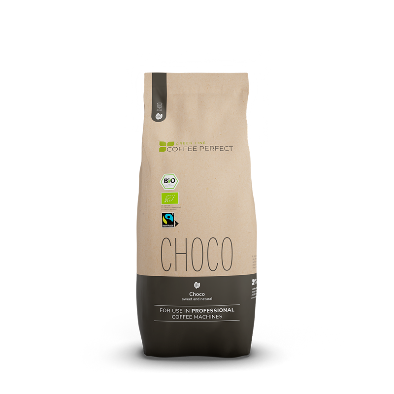 Verpackung des Green Line Choco Pulvers von Coffee Perfect mit Bio- und Fairtrade-Siegel.