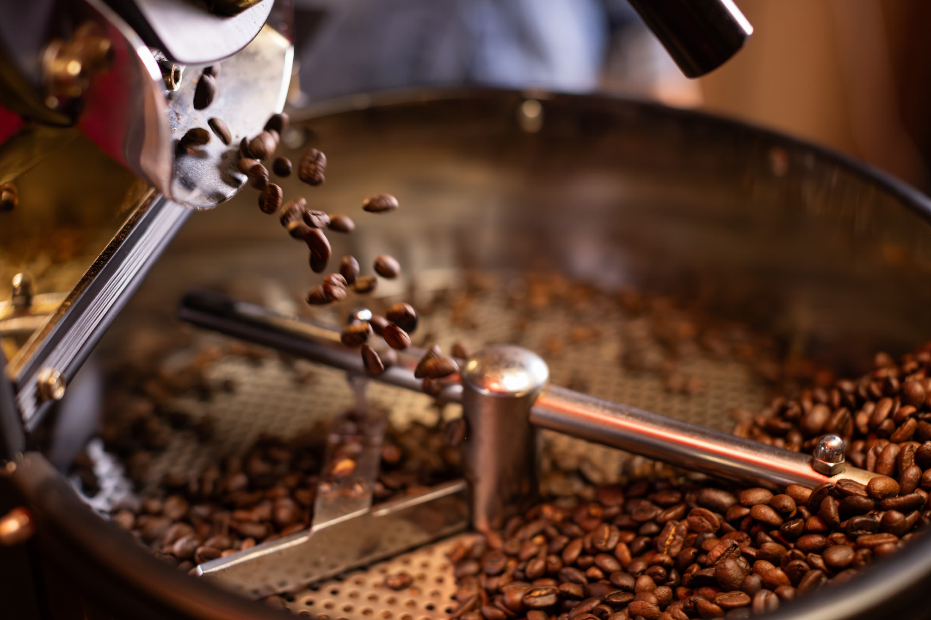 Frisch geröstete Kaffeebohnen fallen aus der Trommelröstmaschine.