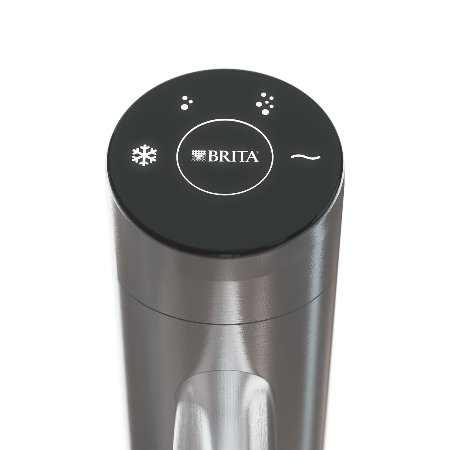 Nahaufnahme des beleuchteten Bedienelements eines BRITA BR55 Wasserspender mit Symbolen für Wasseroptionen.